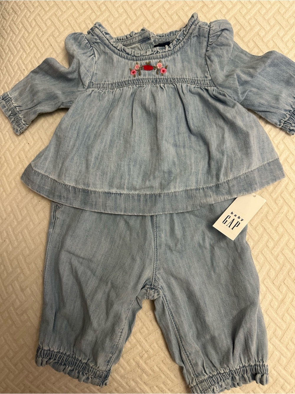 GAP Light Denim Baby Girl Two-Piece Overalls Set with Floral Accent
